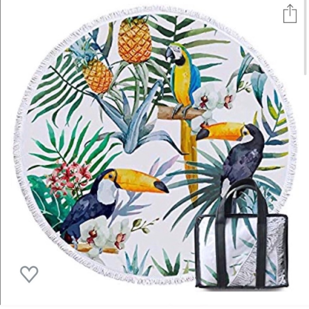 Tropical ๐ด Paradise Toucan Parrot ๐ฆ Round Beach ๐ Towel NWOT - Picture 3 of 7